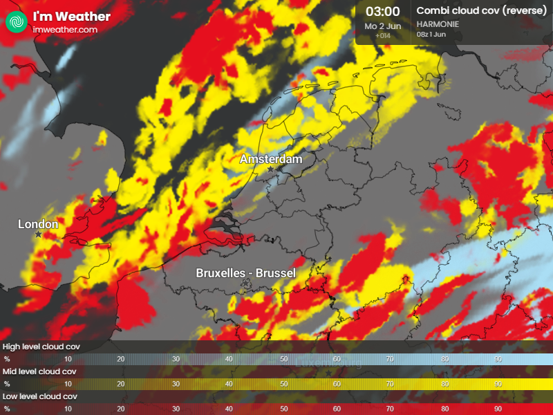 Vannacht komen de meeste opklaringen in het binnenland en Zuid-Limburg voor. Later zou er in het westen een buitje kunnen vallen. De temperatuur zakt naar 10 a 11 graden in het binnenland bij een zwakke tot matige, aan zee soms een vrij krachtige wind uit zuidwest tot west.