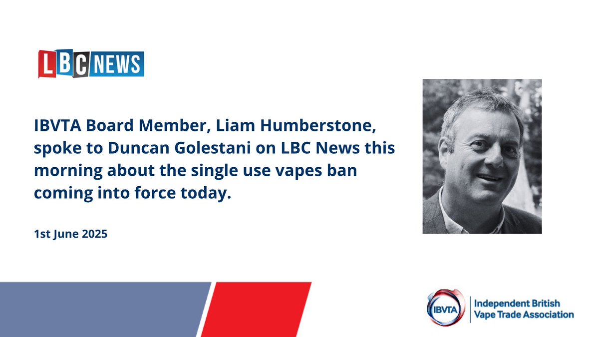 TheIBVTA's tweet image. 📻 🎙️ IBVTA, offering the credible voice of the independent vape sector to media.
Our Board Member, Liam Humberstone, spoke to LBC News this morning on the single use ban coming into force today.
You can listen back here: youtube.com/watch?v=PzbVvG…
#vaping
