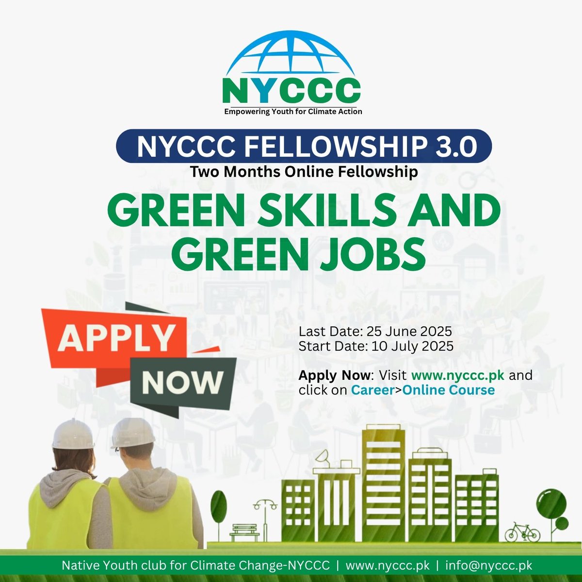 NYCCC_PK's tweet photo. 𝐍𝐘𝐂𝐂𝐂 𝐅𝐞𝐥𝐥𝐨𝐰𝐬𝐡𝐢𝐩 𝟑.𝟎 — 𝐆𝐫𝐞𝐞𝐧 𝐒𝐤𝐢𝐥𝐥𝐬 & 𝐆𝐫𝐞𝐞𝐧 𝐉𝐨𝐛𝐬
Are you looking for a job or a meaningful career in sustainability?

This is your chance to build skills for a better, greener future!

The Native Youth Club for Climate Change (NYCCC) proudly launches the Green Skills Fellowship 3.0 — a two-month online program designed to help passionate youth kickstart their careers in sustainability and climate action.

Pakistan is one of the most climate-affected countries, and our youth have the power to lead the change! This fellowship will help you learn practical green skills, fight climate anxiety, and become part of the climate solution.

🗓 Class Schedule
📆 Every Saturday
🕓 4:00 PM – 6:00 PM (PKT)
💻 Online

Why You Should Join:
✅ Learn from leading climate experts
✅ Discover career paths in the green economy
✅ Work on real environmental projects
✅ Earn a certificate from Pakistan’s largest youth climate network
✅ Boost your CV with in-demand green skills

Apply Now:
🔗 https://t.co/vJajlW05vA
Empowering Youth for Climate Action

#NYCCCGreenSkills #NYCCC #GreenSkills #GreenJobs #NYCCCGreenSkills #NYCCCFellowship #ClimateCareers #YouthForClimate #Sustainability #ClimateEducation #GreenFellowship #ClimateAction #GreenPakistan #LCOY2025 #ClimateYouth #FellowshipOpportunity #PakistanClimateYouth @UNFPAPakistan @sherryrehman @UNinPak @UNDP_Pakistan @ranamashhood @DrMusadikMalik @ClimateChangePK @ClimateReality