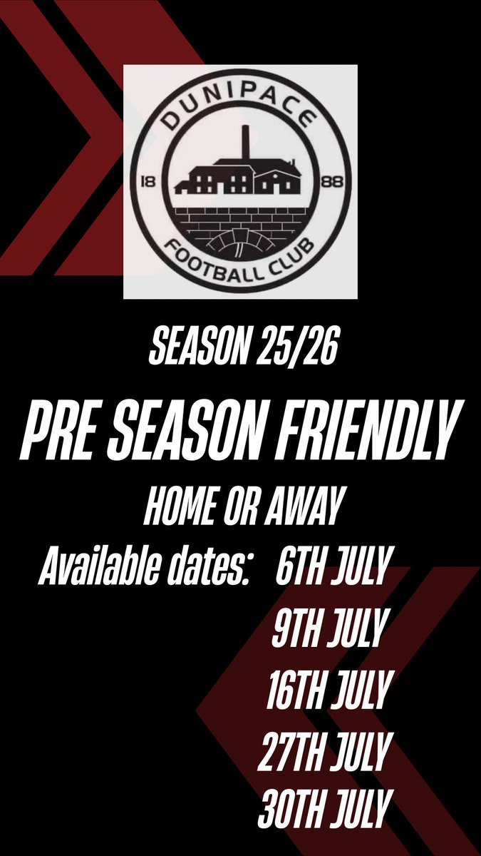 Dunipace FC Ladies (@dunipaceladies) on Twitter photo Pre Season Friendlies available:
6th July, 9th July, 16th July, 27th July and 30th July (open to other dates)
HOME or AWAY
Message: 07463769327
or
Email dunipaceladiesfc@gmail.com
โฝ๏ธ๐ค Pre Season Friendlies available:
6th July, 9th July, 16th July, 27th July and 30th July (open to other dates)
HOME or AWAY
Message: 07463769327
or
Email dunipaceladiesfc@gmail.com
โฝ๏ธ๐ค