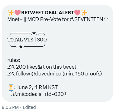 doasverse's tweet image. ✨🩷𝗥𝗘𝗧𝗪𝗘𝗘𝗧 𝗗𝗘𝗔𝗟 𝗔𝗟𝗘𝗥𝗧🩷✨

Mnet+ || MCD Pre-Vote for #SEVENTEEN ♡
╭─────.★..─╮
𝚃𝙾𝚃𝙰𝙻 V𝚃𝚂 | 300
╰─..★.─────╯

rules: 
౨ৎ 200 likes&amp;amp;rt on this tweet
౨ৎ follow @lovedmico (min. 150 proofs)

⏳: June 2, 4PM KST
﹝#micodeals | rtd-020﹞