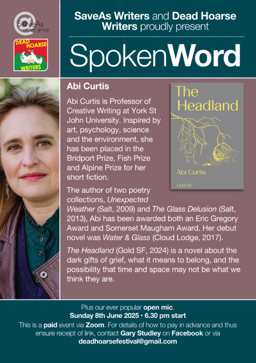 SaveAsWriters's tweet image. The fantastic writer Abi Curtis is our next guest at #spokenword Sunday on 8 June with readings from &apos;Headland&apos; her novel about a strong-headed woman, a piece of radioactive driftwood, grieving, wild waters &amp;amp; healing. Plus #openmic 
bit.ly/4bQVxYw #poetry #fiction #kent