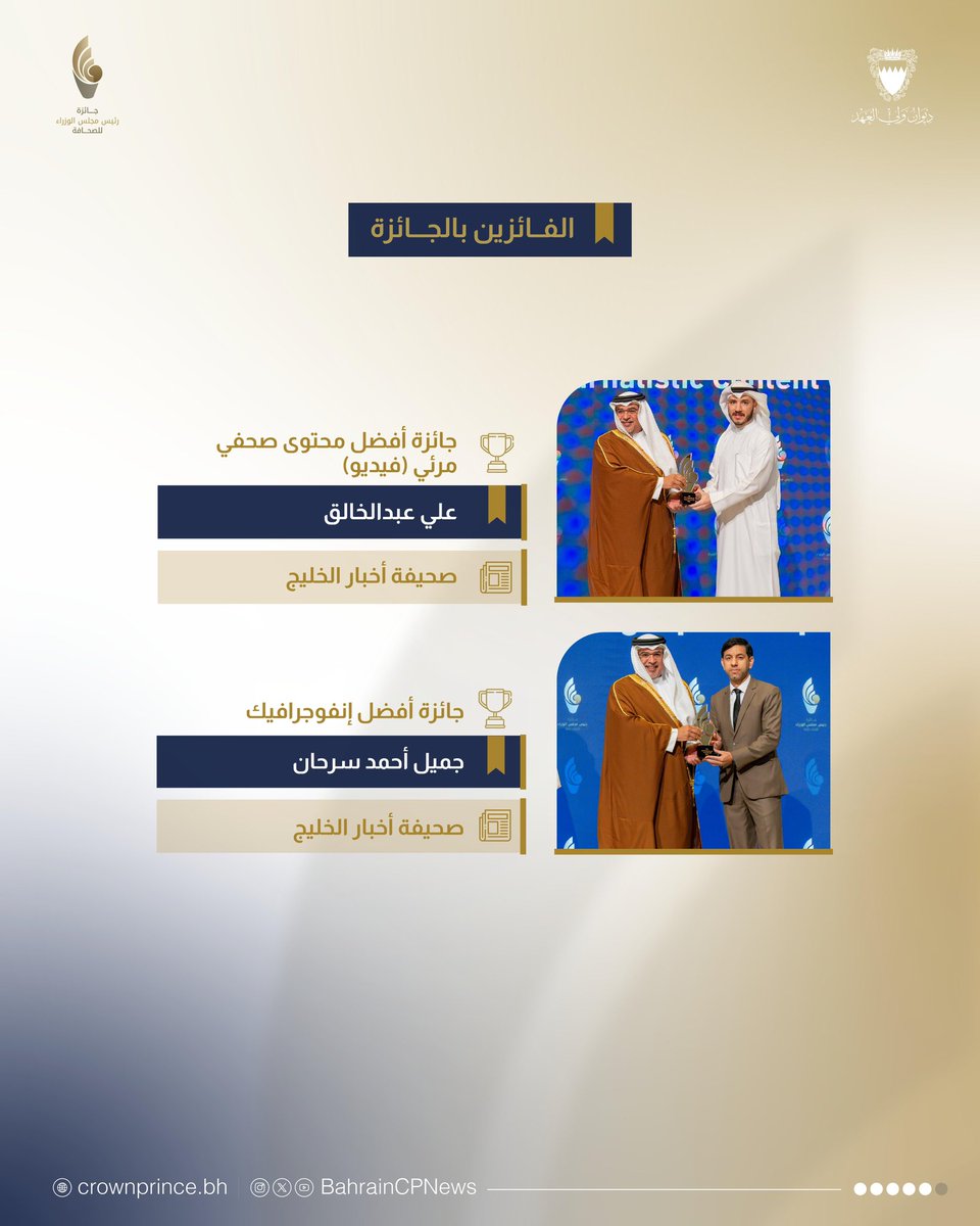 BahrainCPnews's tweet photo. صاحب السمو الملكي الأمير #سلمان_بن_حمد آل خليفة ولي العهد رئيس مجلس الوزراء يتفضل برعاية حفل #جائزة_رئيس_مجلس_الوزراء_للصحافة بدورتها التاسعة #البحرين #فريق_البحرين https://t.co/qS41EnoOgX