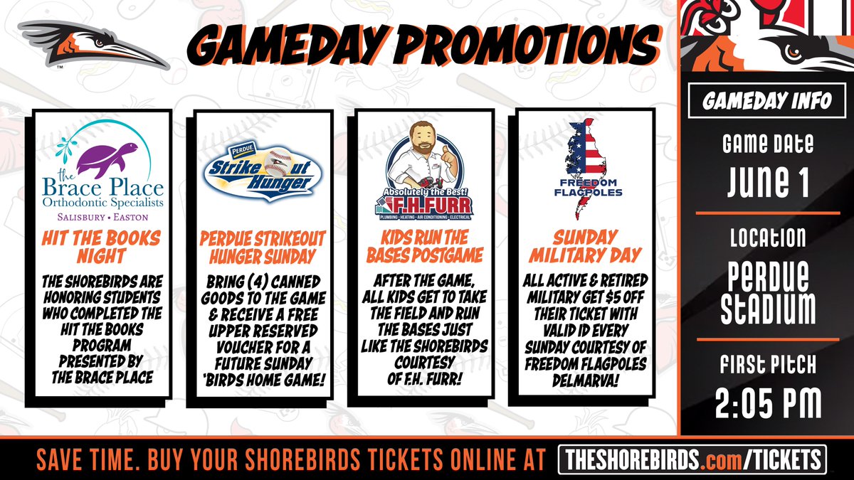 The Shorebirds are home TODAY to round out the homestand with the Crawdads at 2:05 PM! Check out the promotions and buy YOUR tickets 👇

Buy Tickets 👉 bit.ly/3HXnktz

#FlyTogether  | #Birdland
