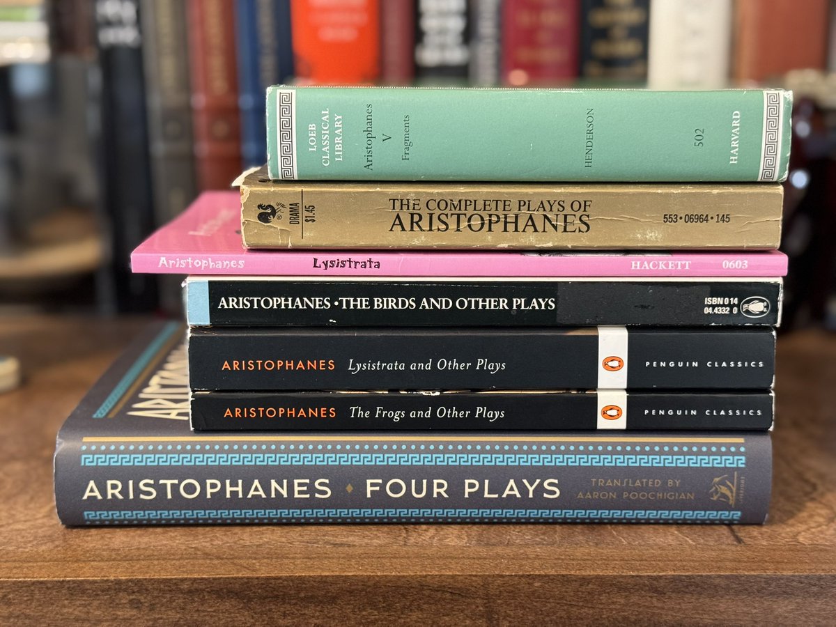 Erik Rostad (Books of Titans) (@booksoftitans) on Twitter photo I started reading Aristophanes this morning for the first time in my life. I’m dedicating June to all 11 of his surviving comedy plays using these books from bottom to top. Here’s the plan:
Clouds, Birds, Lysistrata, Women of the Assembly (Aaron <a href="/Poochigian/">Aaron Poochigian</a> Translation)
The I started reading Aristophanes this morning for the first time in my life. I’m dedicating June to all 11 of his surviving comedy plays using these books from bottom to top. Here’s the plan:
Clouds, Birds, Lysistrata, Women of the Assembly (Aaron <a href="/Poochigian/">Aaron Poochigian</a> Translation)
The