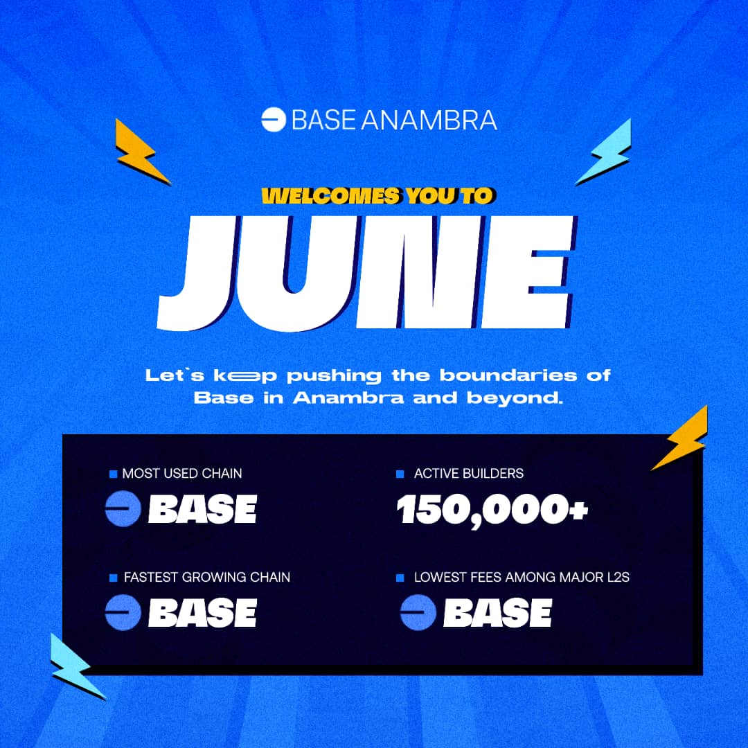 Happy New Month! 🎉

Welcome to JUNE! 
Let’s keep building, innovating, and pushing the boundaries of Base in Anambra and beyond.
Here’s to growth, success, and more wins together.