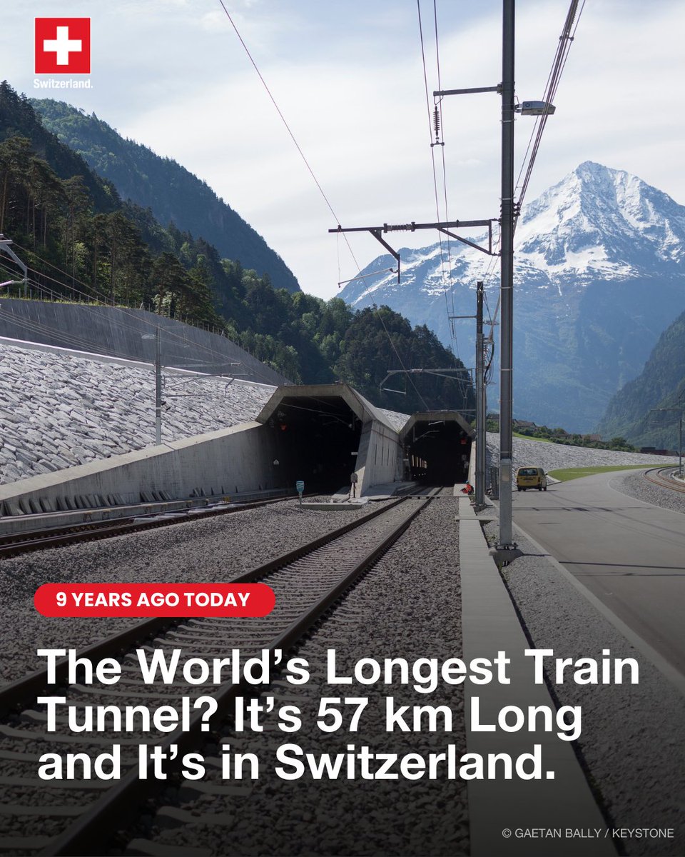 On this day in 2016, Switzerland inaugurated the Gotthard Base Tunnel, the longest and deepest railway tunnel on Earth. At 57 km long, it stands as a masterpiece of Swiss engineering, accelerating travel through the Alps and supporting more sustainable transport.

Happy 9th