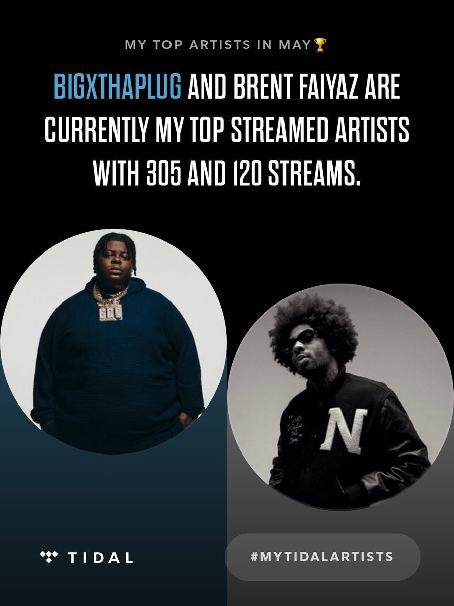 EXCELLB's tweet photo. My top two artists on @TIDAL so far in May are BigXthaPlug and Brent Faiyaz. #MyTIDALartists https://t.co/Lt83f9N8Kr