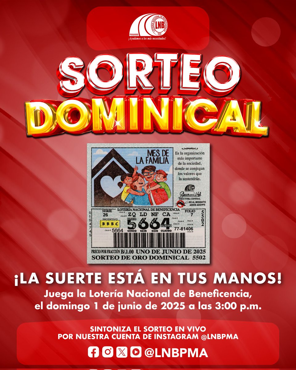 Los billetes y chances del Sorteo Dominical del 1 de junio de 2025, destacan en su impresión, " El Mes de la Familia" 
¡FELICIDADES!🎉

💸💸¡BUENA SUERTE A TODOS! 💸💸