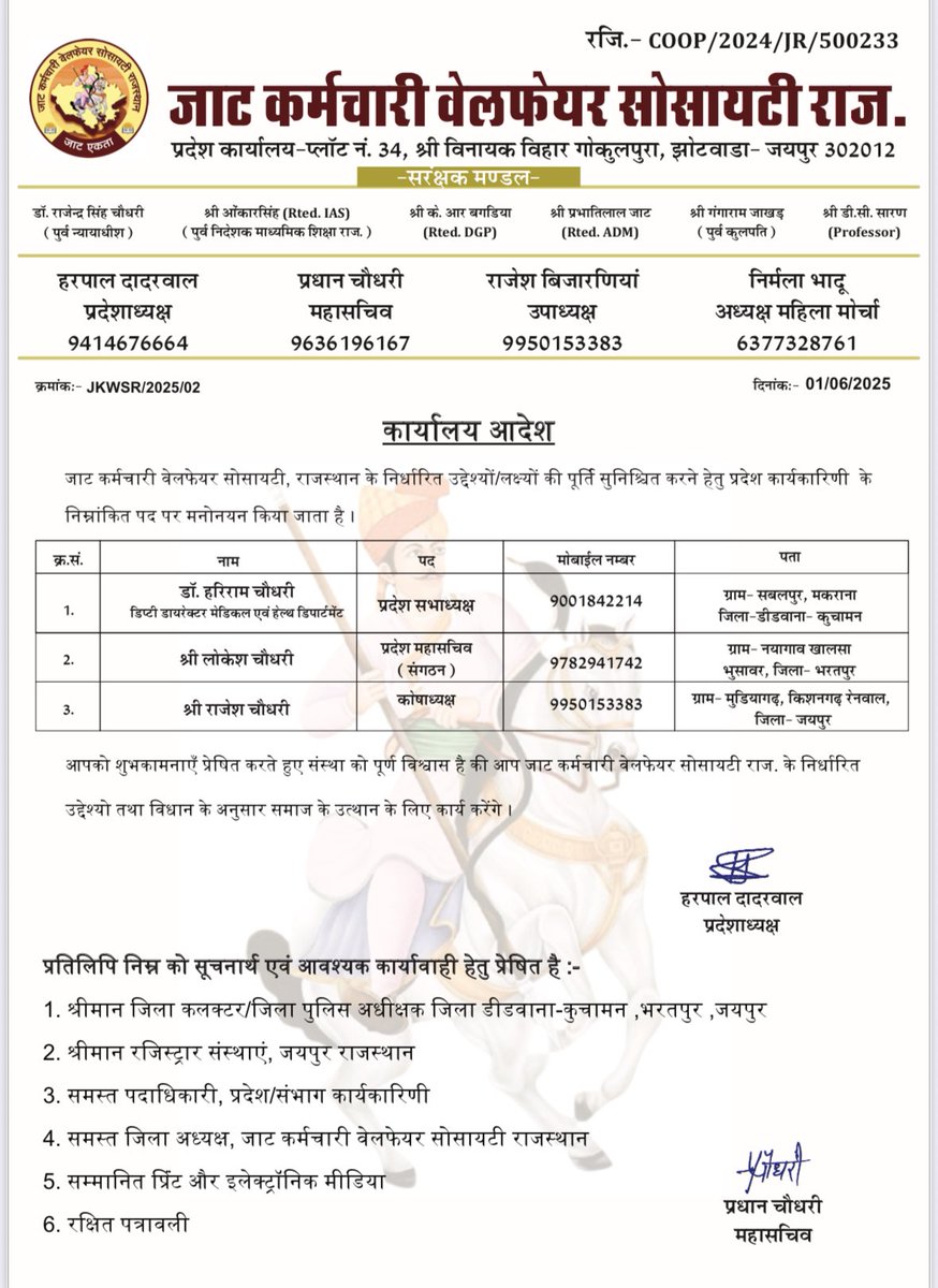 प्रदेश कार्यकारिणी में नव-मनोनीत पदाधिकारियों को हार्दिक बधाई एवं शुभकामनाएँ 💐💐

 संस्था को पूर्ण विश्वास है कि आप संस्था के निर्धारित उद्देश्यों के अनुरूप कर्मचारियों के हित को सर्वोपरि रखते हुए समाज के लिए रचनात्मक कार्य करने के लिए प्रतिबद्ध रहेंगे ! #JKWSR