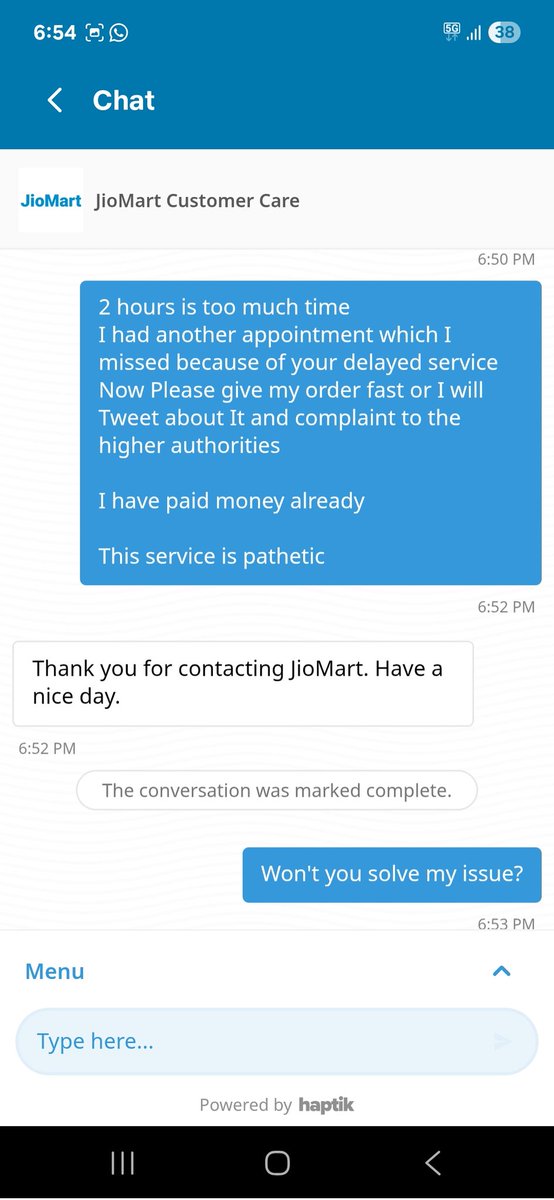 manas_brmn's tweet photo. @JioMart @JioMart_Support 
I have ordered almost 2.5 hours ago and still waiting for my order. Solve my issue fast, or from next time I have to shift to @ZeptoNow @letsblinkit or @SwiggyInstamart
 your customer care is pathetic, your agents cut the line before resolving. https://t.co/QM2fcj5l2h