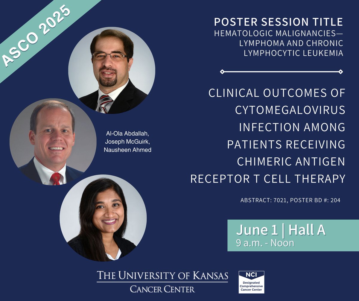 KU Cancer Center (@kucancercenter) on Twitter photo Donât miss the <a href="/KUcancercenter/">KU Cancer Center</a> team from 9-noon in Hall A presenting âClinical outcomes of cytomegalovirus infection among patients receiving chimeric antigen receptor T cell therapy.â #ASCO25 #KUBloodCancer <a href="/Abdallah81MD/">Al-Ola A Abdallah MD (USMIRC)</a> <a href="/NausheenAhmedMD/">Nausheen Ahmed MD</a> Donât miss the <a href="/KUcancercenter/">KU Cancer Center</a> team from 9-noon in Hall A presenting âClinical outcomes of cytomegalovirus infection among patients receiving chimeric antigen receptor T cell therapy.â #ASCO25 #KUBloodCancer <a href="/Abdallah81MD/">Al-Ola A Abdallah MD (USMIRC)</a> <a href="/NausheenAhmedMD/">Nausheen Ahmed MD</a>