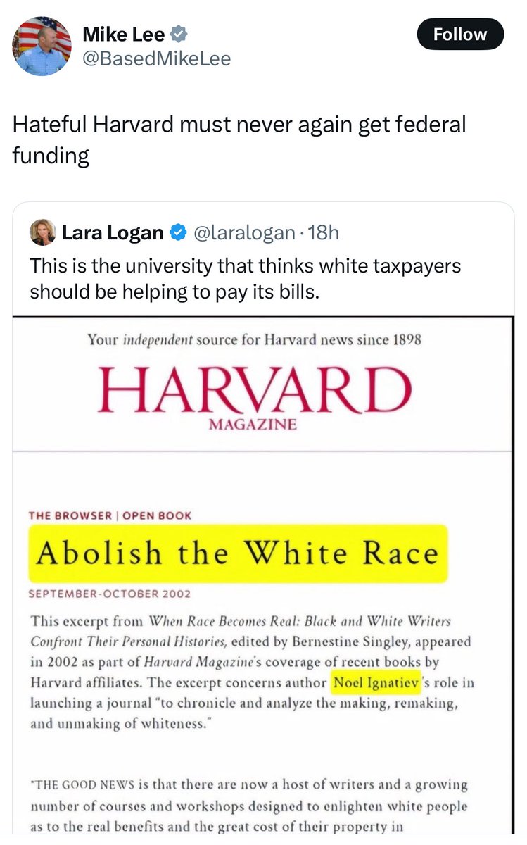 James Surowiecki (@jamessurowiecki) on Twitter photo A magazine affiliated with the university published an excerpt from a book 23 years ago. Mike Lee says that's a reason to cut off federal funding to Harvard. The party that claims to be defenders of the 1st Amendment, ladies and gentlemen! A magazine affiliated with the university published an excerpt from a book 23 years ago. Mike Lee says that's a reason to cut off federal funding to Harvard. The party that claims to be defenders of the 1st Amendment, ladies and gentlemen!