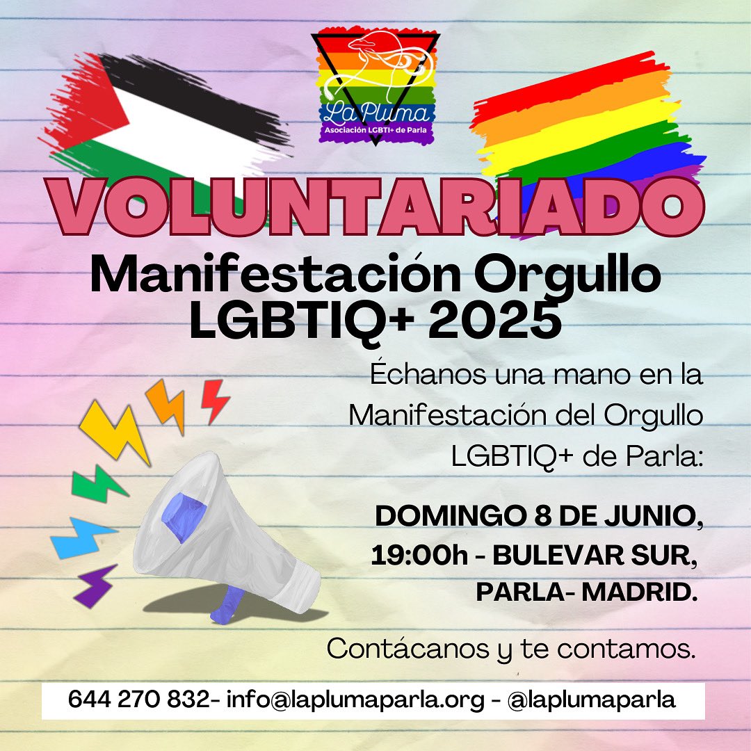 laplumaparla's tweet photo. 📢 Buscamos voluntariado para la MANI del #ORGULLO #LGBTIQ+ 2025 en y de #Parla. Tenemos una gran cita con los #DerechosHumanos.

🫵 Si además de asistir a la mani, quieres echarnos una mano… ¡escríbenos! Tienes toda la info en el link: https://t.co/dg9otWqiX3 ¡DA EL PASO! https://t.co/yiOFDs4m1w