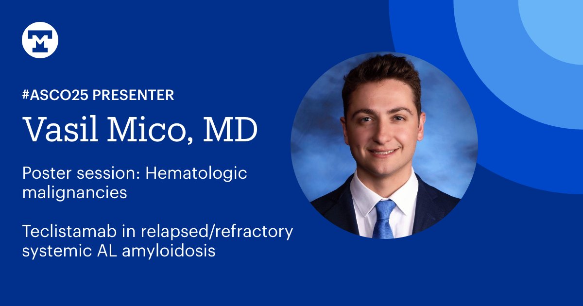 TuftsMCResearch's tweet photo. This morning at #ASCO25: @TuftsMedicine’s @MicoVasil presents in the Hematologic Malignancies Poster Session from 9 AM to noon CDT (Hall A – Posters and Exhibits).
His research focuses on teclistamab in relapsed/refractory systemic AL amyloidosis. https://t.co/Dp04DE4ltH