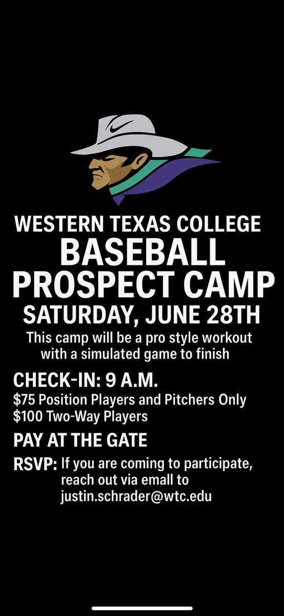 Western TX Baseball (@wtcbaseball) on Twitter photo <a href="/WTCbaseball/">Western TX Baseball</a> 🚨Prospect camp open for all High school & College Transfers🚨 RSVP to reserve your spot today via email! #RopeEM <a href="/WTCbaseball/">Western TX Baseball</a> 🚨Prospect camp open for all High school & College Transfers🚨 RSVP to reserve your spot today via email! #RopeEM
