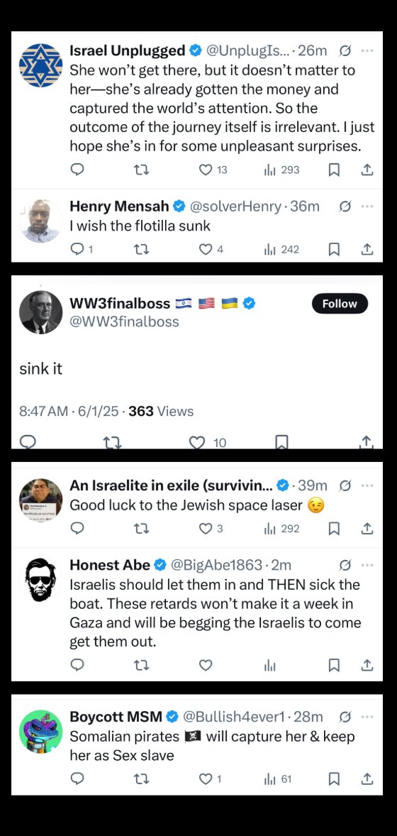 <a href="/Osint613/">Open Source Intel</a> and their followers are making veiled and open threats to the Freedom Flotilla which will be departing for Gaza soon. 

It’s insane that these people feel so emboldened that they feel comfortable threatening activists.