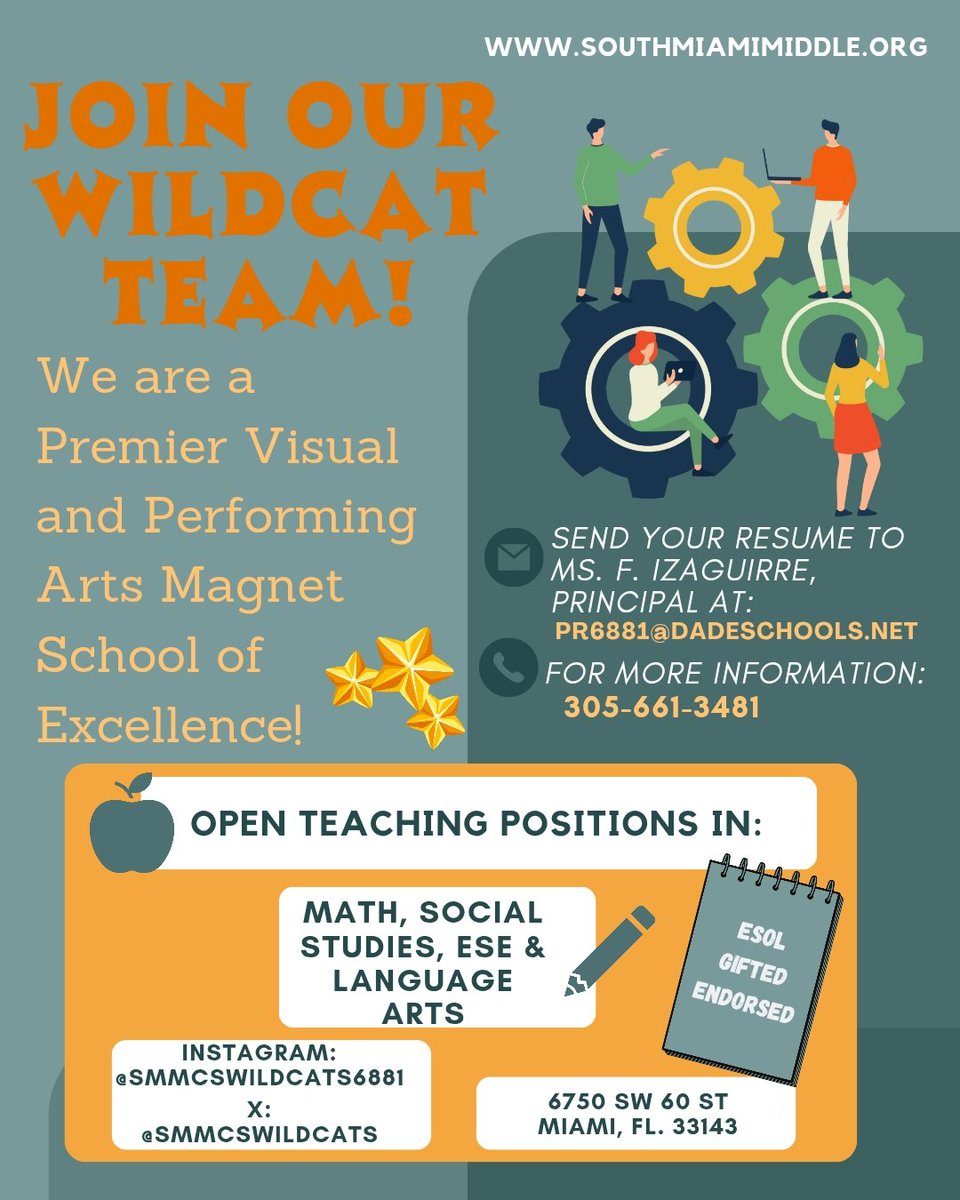 South Miami Middle (@smmcswildcats) on Twitter photo Now Hiring- Seeking Passionate Educators 🍎 Vacancies in Various Subject Areas 📚
<a href="/MDCPS/">Miami-Dade Schools</a> <a href="/SuptDotres/">Jose L. Dotres, Ed.D.</a> <a href="/MDCPSCentral/">Central Region</a> <a href="/MDCPSCommunity/">Family and Community Engagement at M-DCPS</a> Now Hiring- Seeking Passionate Educators 🍎 Vacancies in Various Subject Areas 📚
<a href="/MDCPS/">Miami-Dade Schools</a> <a href="/SuptDotres/">Jose L. Dotres, Ed.D.</a> <a href="/MDCPSCentral/">Central Region</a> <a href="/MDCPSCommunity/">Family and Community Engagement at M-DCPS</a>