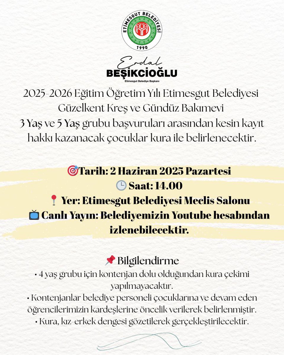 🎉 Etimesgut Belediyesi Kreş ve Gündüz Bakımevleri’ne yoğun ilginiz için teşekkür ederiz!

📌 2025–2026 Eğitim Öğretim Yılı için 3 ve 5 yaş grubu başvuruları arasında tüm kreşlerimizde kesin kayıt hakkı kazanacak çocuklarımız kura ile belirlenecektir.

📍 Kura Tarihi: 2 Haziran