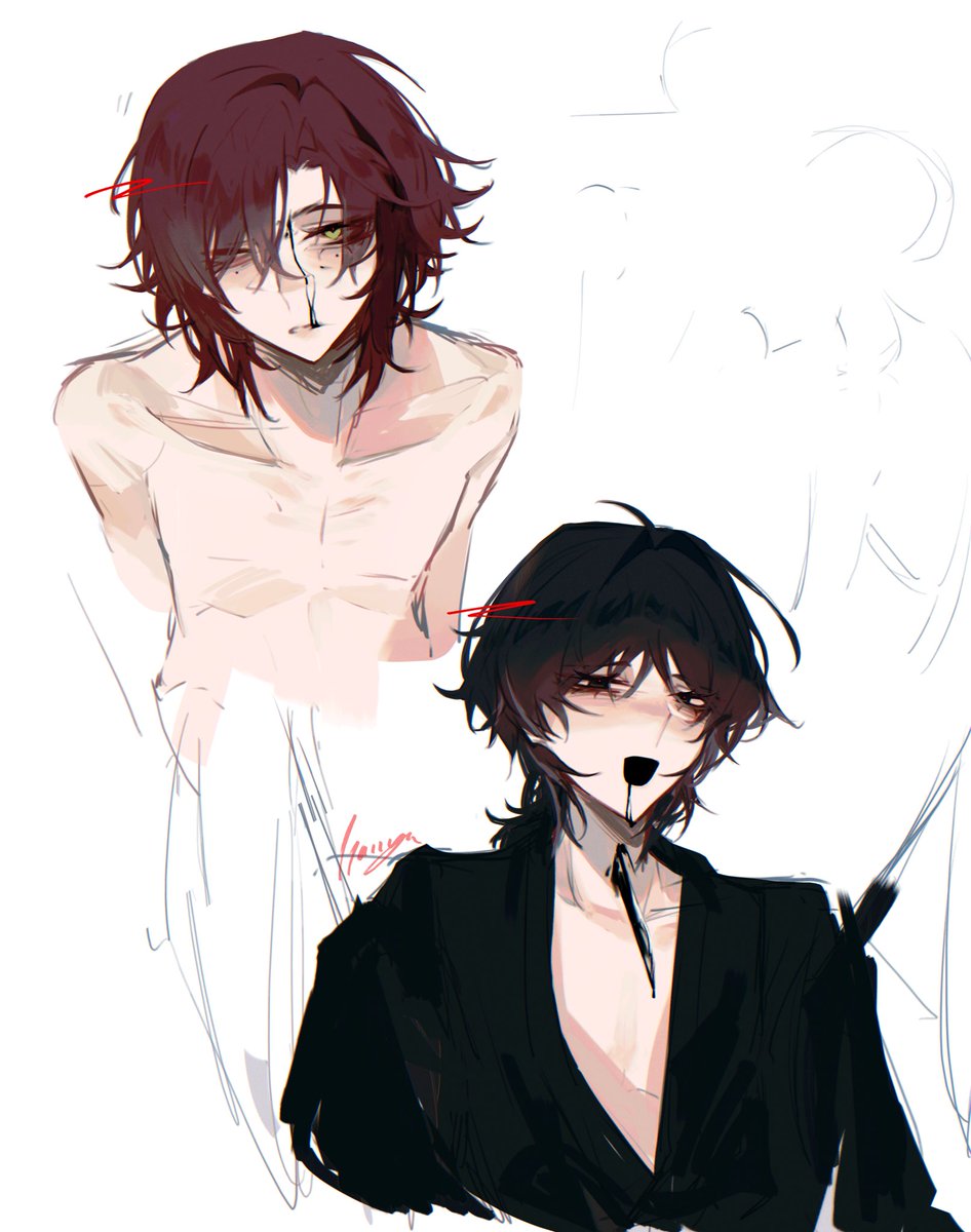 my very humble offering for <a href="/kinowritess/">kino 🐑🪓</a>‘s heart devourer thank you so much for existing I love you 

kuzo’s design by @ NekoJinnyArt !! 

#heizou #scaramouche #genshinimpact