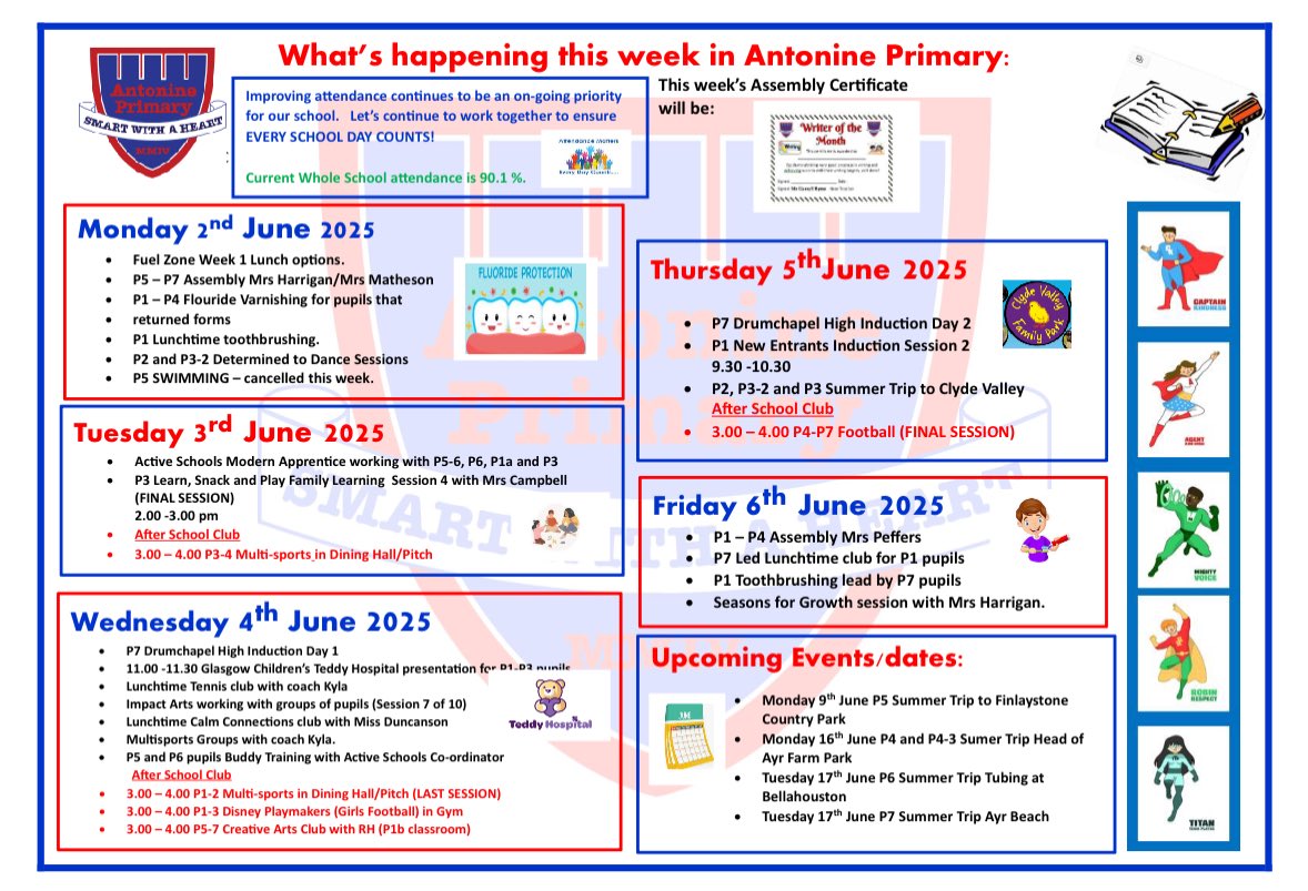 AntoninePrimary's tweet photo. Family Friendly diary for the week ahead. Copy has also been emailed to families. Another busy week of learning and events ahead. #communication #keepingyouposted https://t.co/ZSQYEjV3em