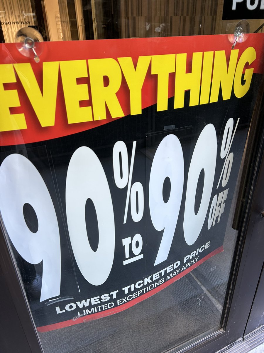 Final day @ The Bay

Sign says Queen &amp; Yonge location is open today from 11am to 7pm

Everything is apparently 90% off

Fixtures, furniture, and equipment also up for grabs

Updates on <a href="/CP24/">CP24</a>