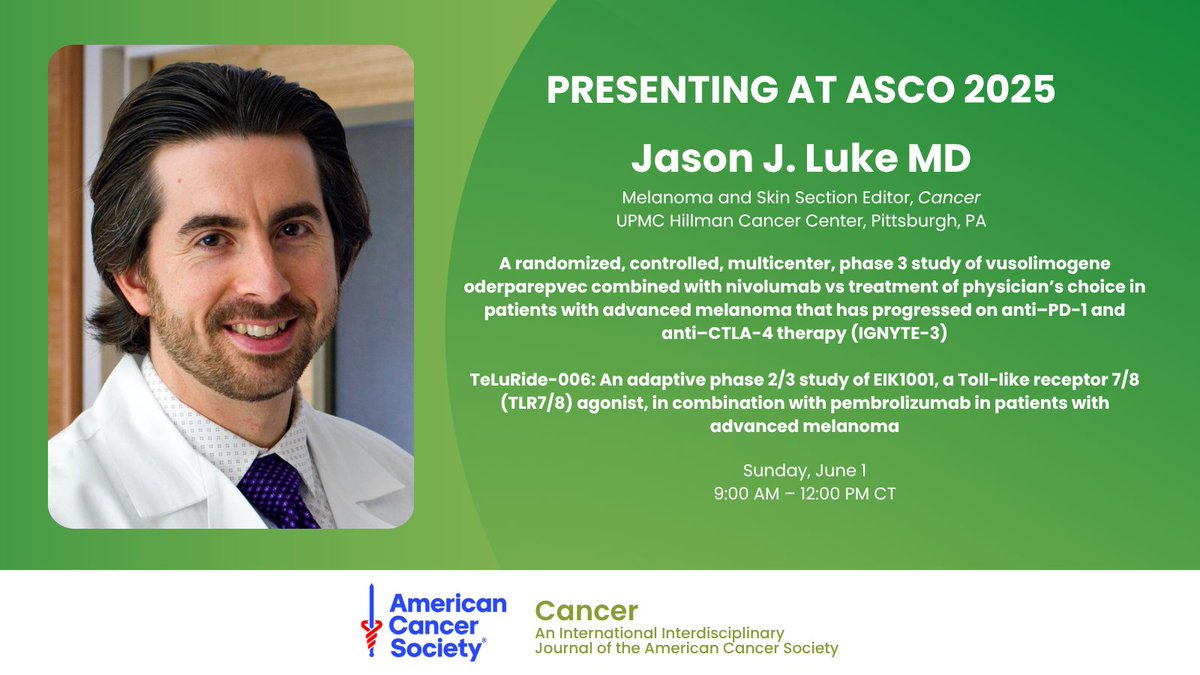 ACS Journal Cancer (@journalcancer) on Twitter photo Coming up! Section Editor <a href="/jasonlukemd/">Jason Luke, MD, FACP</a> presents 2 major melanoma trials at #ASCO25:
📌 IGNYTE-3 (vusolimogene + nivolumab)
📌 TeLuRide-006 (TLR7/8 agonist + pembrolizumab)
More from Dr. Luke on neoadjuvant immunotherapy for melanoma: acsjournals.onlinelibrary.wiley.com/doi/10.1002/cn…
<a href="/OncoAlert/">OncoAlert</a> Coming up! Section Editor <a href="/jasonlukemd/">Jason Luke, MD, FACP</a> presents 2 major melanoma trials at #ASCO25:
📌 IGNYTE-3 (vusolimogene + nivolumab)
📌 TeLuRide-006 (TLR7/8 agonist + pembrolizumab)
More from Dr. Luke on neoadjuvant immunotherapy for melanoma: acsjournals.onlinelibrary.wiley.com/doi/10.1002/cn…
<a href="/OncoAlert/">OncoAlert</a>