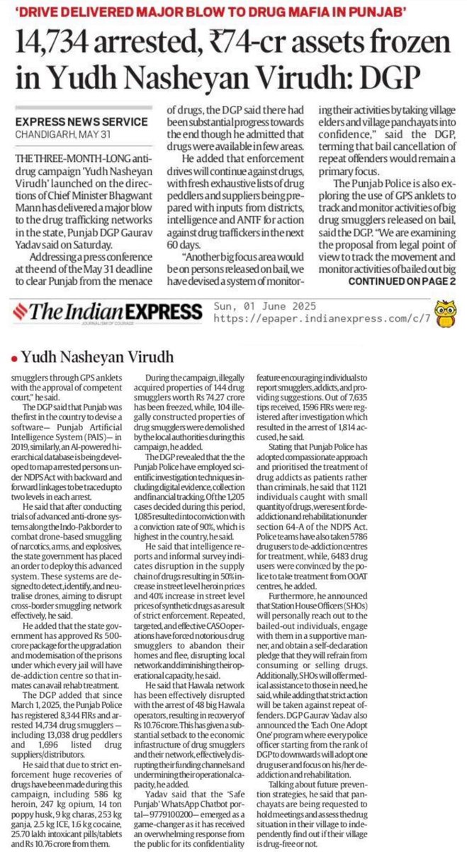 Over 14,700 arrests, ₹74 crore worth of assets frozen, and hundreds of illegal properties demolished—Yudh Nasheyan Virudh has made it clear: Punjab is fighting back.

This isn’t just a government campaign now—it’s become a people’s movement. 

Citizens and police are working