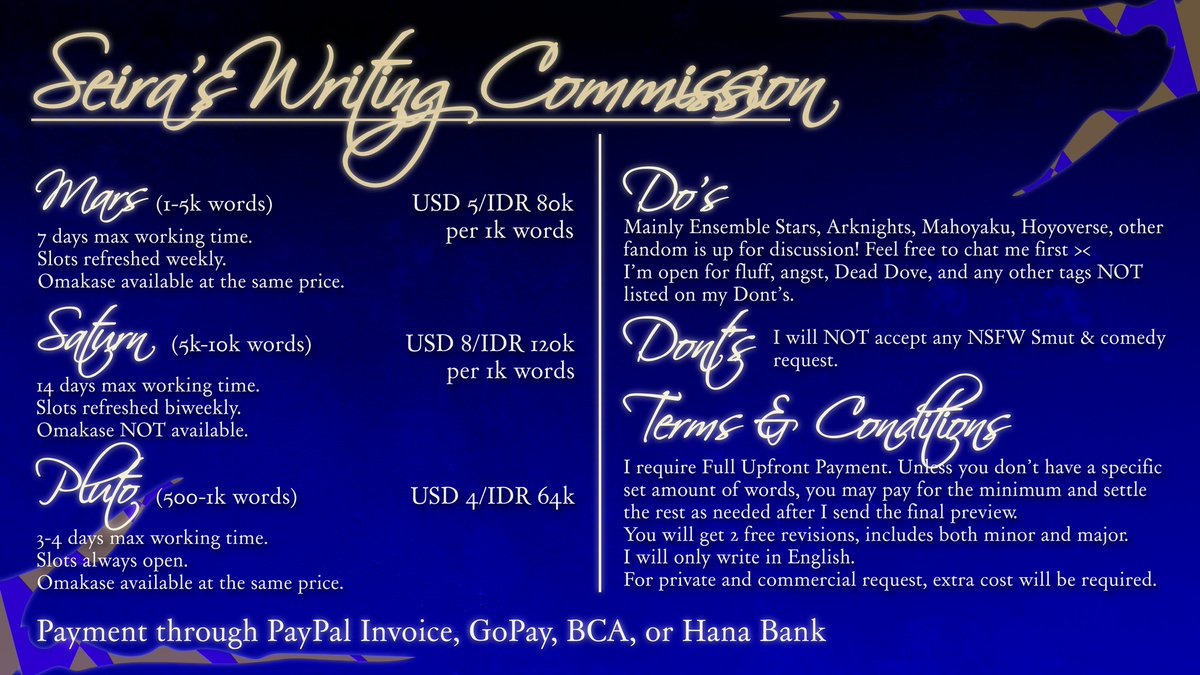 [♡/↻ are appreciated!]

WRITING COMMISSION OPEN!

Have ideas laying around waiting to be turned into a writings? Then you've come to the right place :3c

(I also have QRIS btw *wink)

#writing #writingcommission #yumetwt #commissionsopen #enstarstwt #zonajajan
