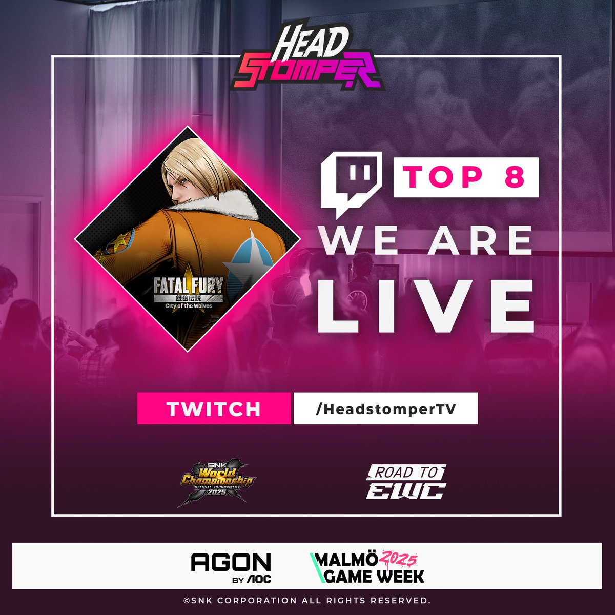 Fatal Fury Top8 is about to go down!

A lot is one the line! The winner qualifiers for both the Esports World Cup and SNK World Championship. Let’s go!

Winners:
🇺🇸Dave O vs Dark Angel🇲🇽
🇹🇼ET vs Leffen🇸🇪

Losers:
🇺🇸Jwong vs Score🇯🇵
🇲🇽Wero Asamiya vs Shadow X🇲🇽

🎙️: