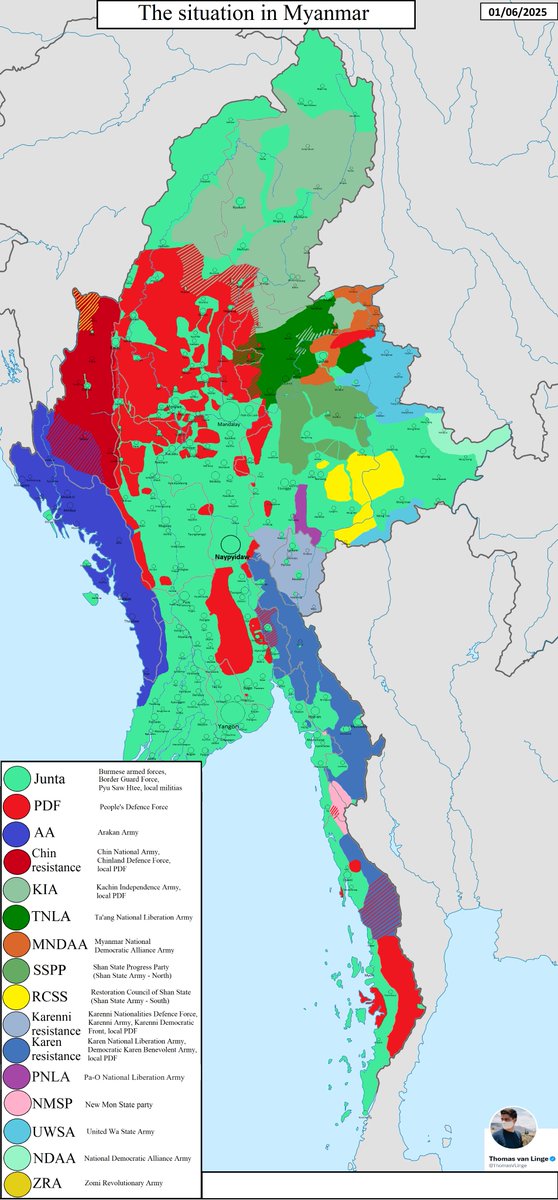 ThomasVLinge's tweet photo. #Myanmar 🇲🇲 MAP UPDATE: the situation in Myanmar as of 01/06/2025.

The past month was marked by a series of modest advances by the resistance. A number of junta camps were seized in the states of Karen, Bago, and further in the south. The resistance controls between 60-65% of the country.