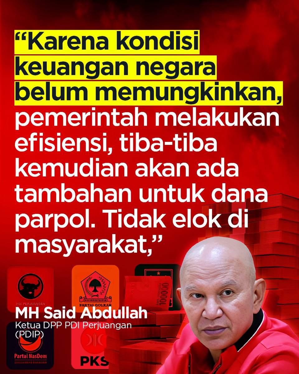 kanalsa_id's tweet photo. Ketua DPP PDI Perjuangan (PDIP) Said Abdullah mengatakan, kenaikan dana bantuan untuk partai politik belum mendesak dan tidak bijak. Apalagi, usulan muncul di tengah efisiensi anggaran oleh pemerintah.
sc/liputan6.com
#KanalSA #Danaparpol #AnggaranNegara #PDIP https://t.co/TbHWxTSl2y