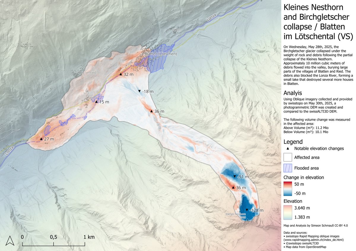 Finally some precise numbers for the Blatten deposit! 👇  

11 Mio m3 and up to 32 m thick ! 😱

Analysis: Simeon Schmauß