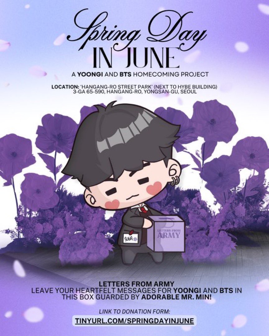 Meet adorable Mr. Min, here to collect ARMY’s letters for #SpringDayInJune :  Yoongi &amp; BTS homecoming pop-up next to HYBE! 

ARMY, the fundraiser has reached 68% of its funding goal, but the June 10 deadline is fast approaching. Event planners still urgently need your support to