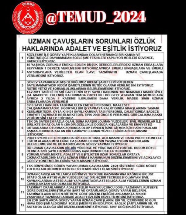 alitilkici38's tweet photo. Sözleşmeli statü sonlandırılıp Muvazzaf satatüye geçirilmeli. Kıdemler Rütbeden sayılmalı
Sağlık yönetmeliği değişmeli. Çalışma yönetmeliği düzenlenmeli. Nöbet yönetmeliği düzenlenmeli.

Devletin her kurumundaki sözleșmeli personele kadro veren Güçlü Devletimiz TSK'da görev yapan  #UzmanÇavuşlar ada sahip çıkacağını inanıyoruz.
@RTErdogan 
@TBMMresmi @TBMMGenelKurulu 
@tcsavunma @TC_icisleri 
@TEMUD_2024 
#UzmanÇavuşaKadro
#UzmanÇavuşaHak
#EmekliUzmanÇavuş
#MalülUzmanÇavuş
#UzmanÇavuşaTazminat
#UzmanÇavuşaDerece
#UzmanÇavuşaKıdem
#UzmanÇavuşaOkul
#UzmanÇavuşaYönetmelik
#UzmanÇavuşaKampOrduevi