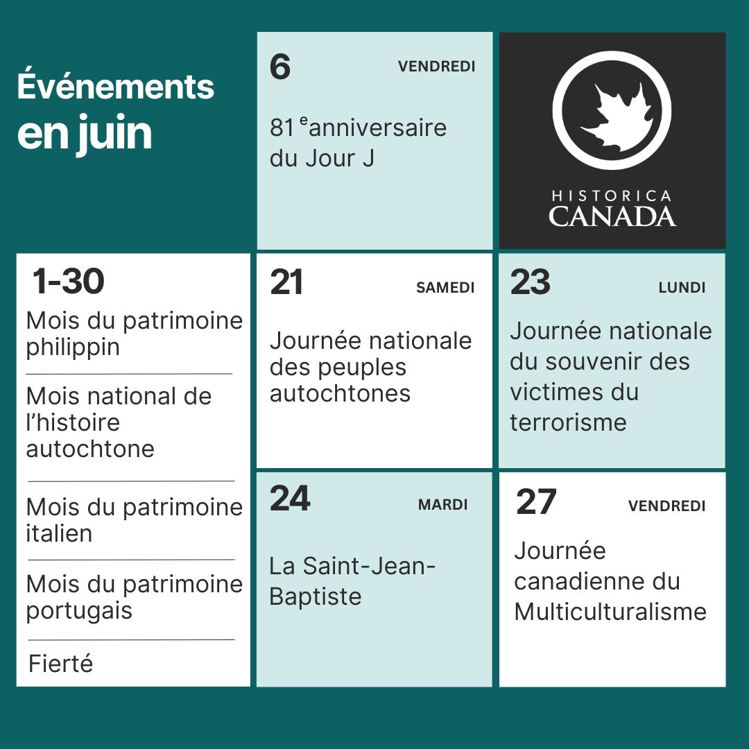 June is a month of many themes, and Historica Canada has you covered. Stay tuned for our suggestions on topics of study! /Le mois de juin est riche en thèmes, et Historica Canada est là pour vous aider. Restez à l'écoute pour découvrir nos suggestions de sujets d'étude!