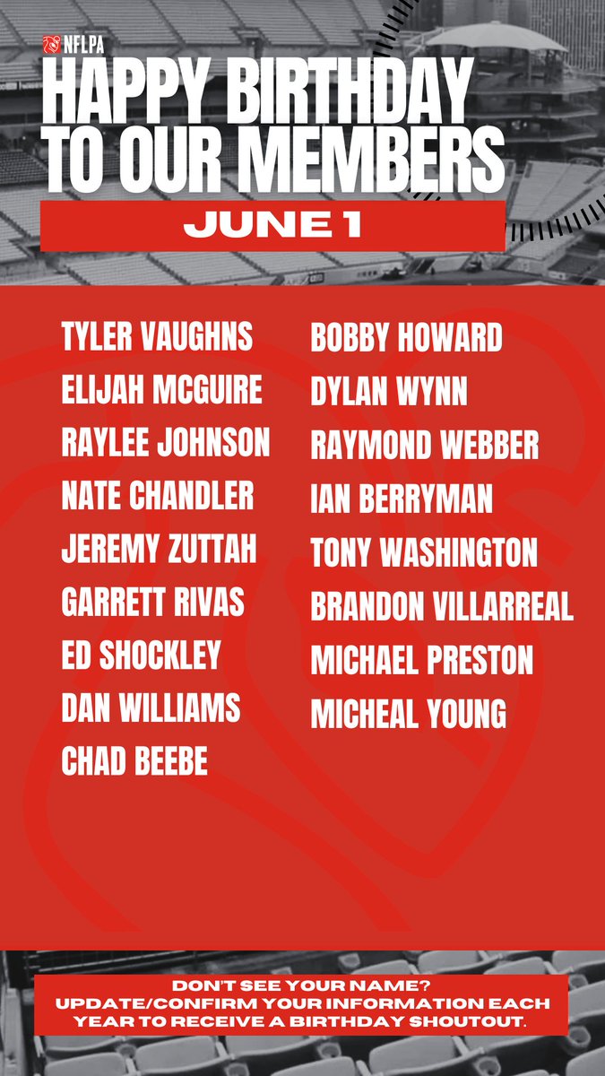 NFLPA Former Players (@nflpafmrplayers) on Twitter photo Happy birthday to our members @Tswag03 @mr_adversityy <a href="/rayleejohnson/">raylee johnson</a> <a href="/JZutt7176/">Jeremy Zuttah</a> @greev38 @Edshockley <a href="/MrDanWilliams/">Dan Williams</a> @cdylanwynn @rayblinkie1906 <a href="/iancberryman/">Ian Berryman</a> @CoachDubb_drick <a href="/brandonvilla55/">Brandon Villarreal</a> @3igfan0fmyself @Mvyoungs - Cheers! Happy birthday to our members @Tswag03 @mr_adversityy <a href="/rayleejohnson/">raylee johnson</a> <a href="/JZutt7176/">Jeremy Zuttah</a> @greev38 @Edshockley <a href="/MrDanWilliams/">Dan Williams</a> @cdylanwynn @rayblinkie1906 <a href="/iancberryman/">Ian Berryman</a> @CoachDubb_drick <a href="/brandonvilla55/">Brandon Villarreal</a> @3igfan0fmyself @Mvyoungs - Cheers!