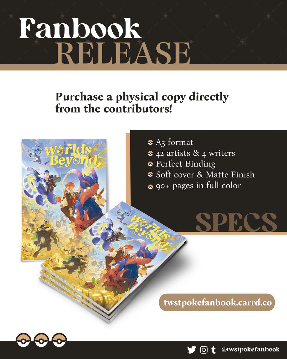 「✦ 𝗙𝗔𝗡𝗕𝗢𝗢𝗞 𝗥𝗘𝗟𝗘𝗔𝗦𝗘 ✦」

Today is the day!! The fanbook is now officially released! 🎉

Feel free to check out our carrd to know at which shops/ conventions the fanbook will be available for purchase! 

🛒 twstpokefanbook.carrd.co