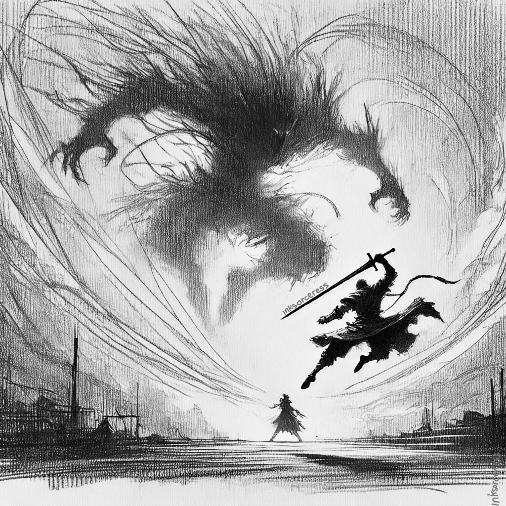 InkSorceress's tweet image. You only get one shot at the shadow that shaped your destiny.⚔️

Sketched this scene mid-battle where FEAR meets FURY and only ONE walks away.
What do you think happens next?
(P.S. Yes, fully hand-illustrated; every scratch tells a story.🖤)

#FantasyArt #Sketchbook #Illustration…