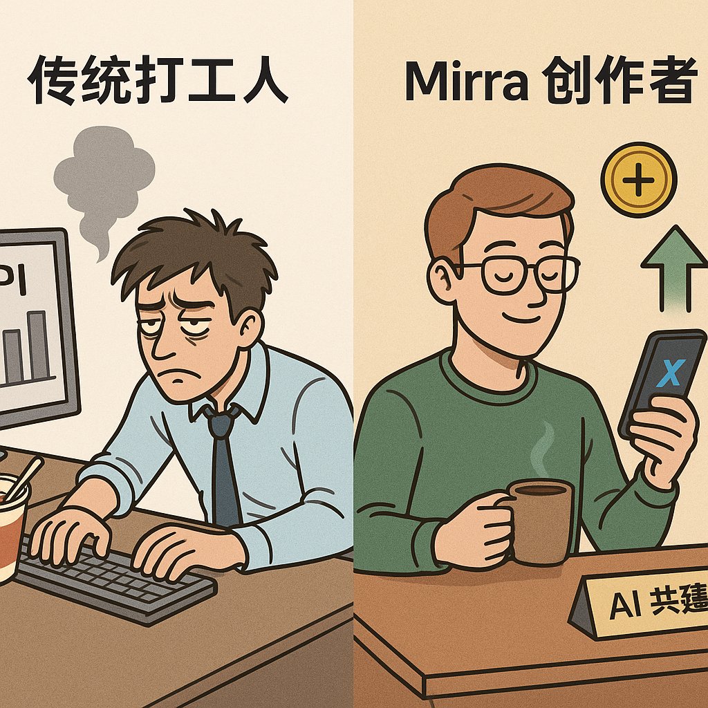 Web3Meb's tweet image. 打工人 vs Mirra 创作者，你选哪个？🤔

👨‍💻 传统打工人：被老板压榨，PPT 改到深夜

🧠 Mirra 创作者：刷 X 发帖还能训练 AI 模型，顺便赚积分
参与方式很简单👇

🔗 mirraai.xyz/?ref=Web3_Meta…

🎯 标记 @MirraTerminal  @MirraTerminal_ 就能开始

还在加班？不如来加 Mirra 🚀 

#MirraTerminal #Web3