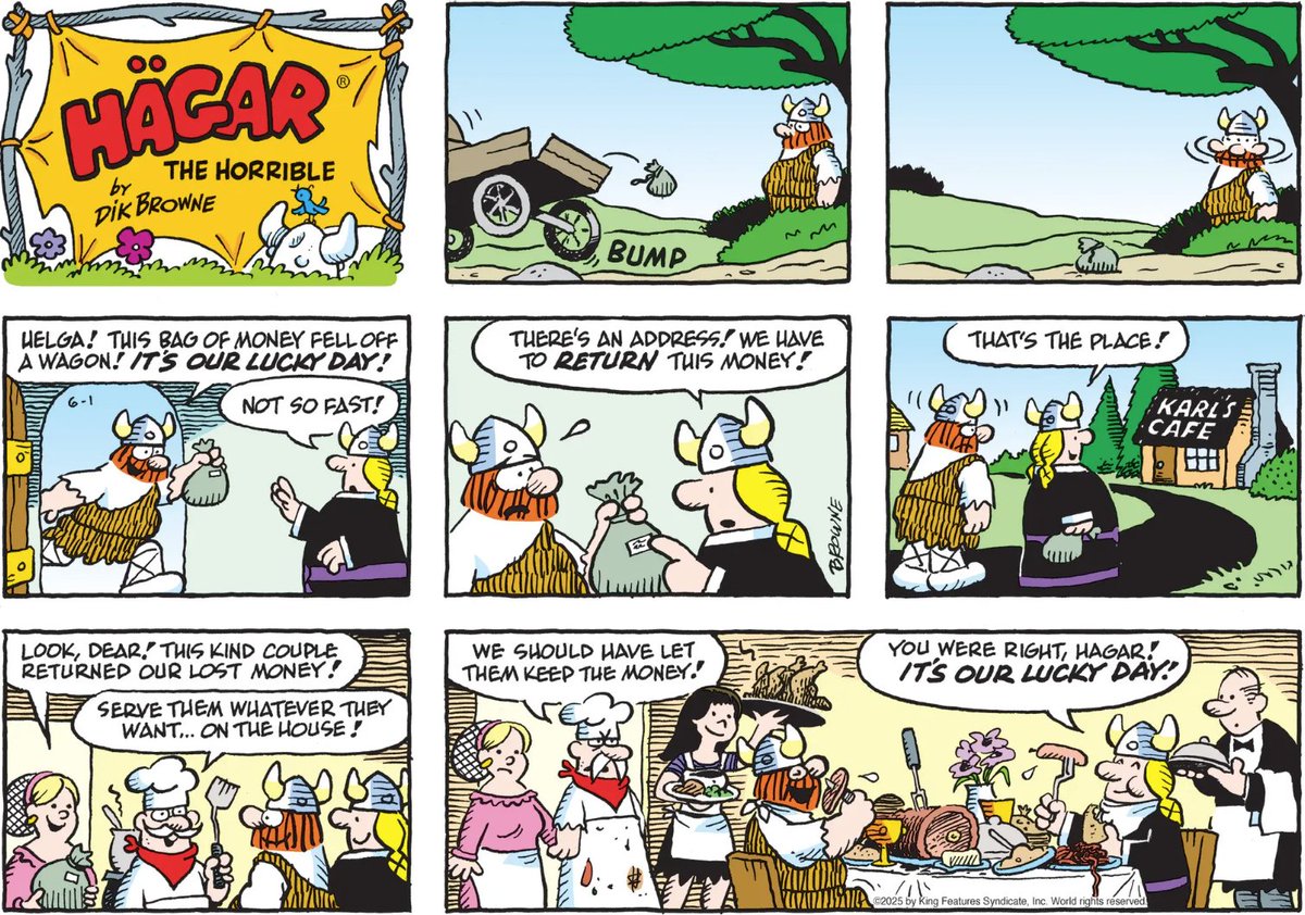Hägar returns the money only to discover the true treasure: an all-you-can-eat buffet! Happy feasting, Vikings! Hägar the Horrible, read more on Comics Kingdom: 
comicskingdom.com/hagar-the-horr…