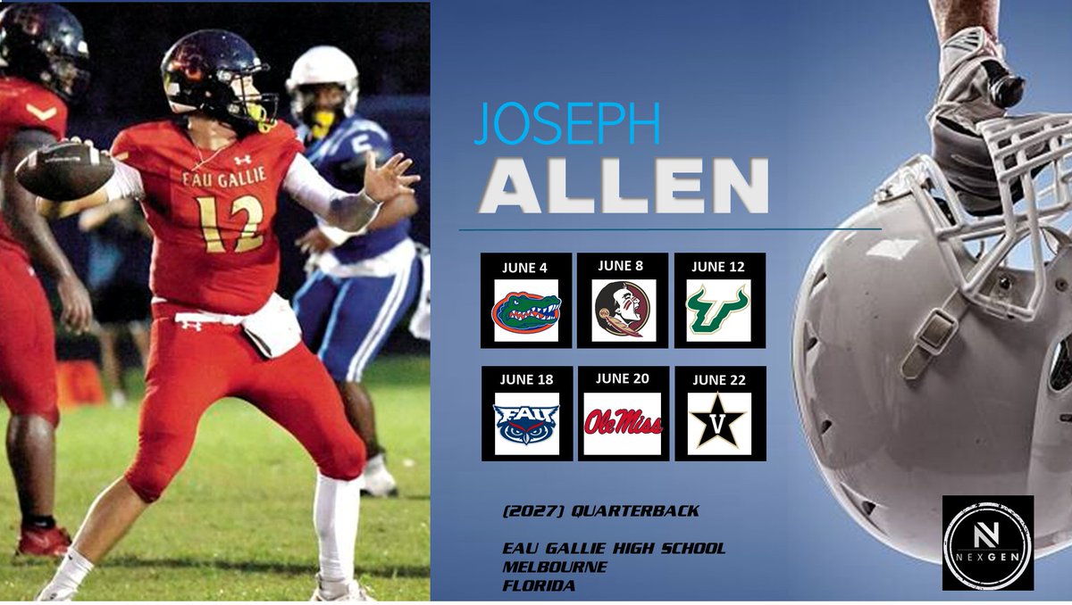 Keith Smilie (@nexgenscouting) on Twitter photo Summer Camp Schedule
✅2027 QB Joseph Allen <a href="/JosephAllenQBSG/">Joseph Allen 3⭐️'27 QB</a>
Eau Gallie HS <a href="/eghscommodores/">Commodore Football</a>
Melbourne (FL)
6/4 <a href="/GatorsFB/">Florida Gators Football</a>
6/8 <a href="/FSUFootball/">FSU Football</a>
6/12 <a href="/USFFootball/">USF Football</a>
6/18 <a href="/FAUFootball/">Florida Atlantic Football</a>
6/20 <a href="/OleMissFB/">Ole Miss Football</a>
6/22 <a href="/VandyFootball/">Vanderbilt Football</a> Summer Camp Schedule
✅2027 QB Joseph Allen <a href="/JosephAllenQBSG/">Joseph Allen 3⭐️'27 QB</a>
Eau Gallie HS <a href="/eghscommodores/">Commodore Football</a>
Melbourne (FL)
6/4 <a href="/GatorsFB/">Florida Gators Football</a>
6/8 <a href="/FSUFootball/">FSU Football</a>
6/12 <a href="/USFFootball/">USF Football</a>
6/18 <a href="/FAUFootball/">Florida Atlantic Football</a>
6/20 <a href="/OleMissFB/">Ole Miss Football</a>
6/22 <a href="/VandyFootball/">Vanderbilt Football</a>