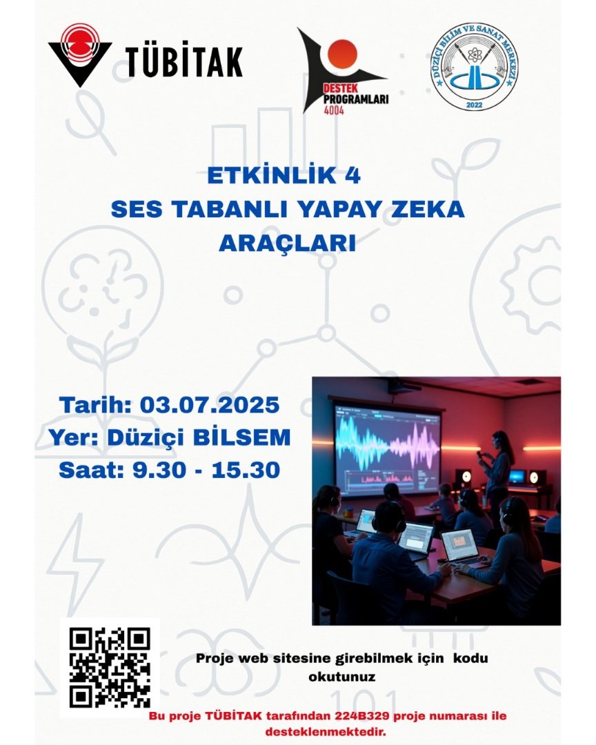 🎶 Etkinlik 4’te, ses tabanlı YZ araçlarıyla fizik kavramlarına yönelik sesler veya şarkılar üretilecek!
Öğrenciler, teknolojiyi yaratıcılıkla buluşturacak.
📍 3 Temmuz – 09.30–15.30
🌐 Site: …iktedijitalgirişimcilik.my.canva.site
📸 IG: @224_b329
<a href="/Tubitak/">TÜBİTAK</a> <a href="/tcmeb/">Millî Eğitim Bakanlığı</a> <a href="/MebOrgm/">Özel Eğitim ve Rehberlik Hiz. Genel Müdürlüğü</a>