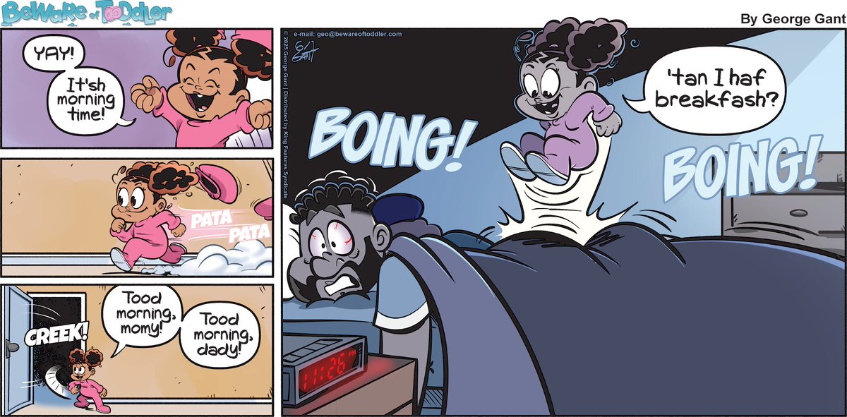 Who needs an alarm clock when you have a hyper toddler! Sleeping in is never an option 😆 
Beware of Toddler 6-1-2025 #comics #webcomic #toddler #family #funny