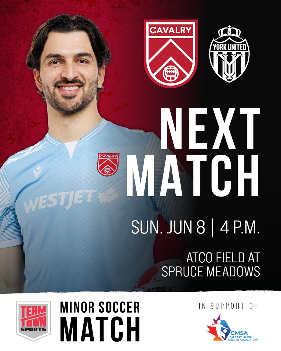 Cavalry FC (@cplcavalryfc) on Twitter photo Come celebrate minor soccer in Calgary on June 8! ❤️⚽
Join us for our @teamtownsports Minor Soccer Match, in support of <a href="/cmsasoccer/">calgaryminorsoccer</a> - featuring awesome giveaways, live music, a ball toss game, and more!
🆚: <a href="/yorkutdfc/">York United FC</a>
📺: @OneSoccer
🎟️: bit.ly/4mlTsdl
#CavsFC Come celebrate minor soccer in Calgary on June 8! ❤️⚽
Join us for our @teamtownsports Minor Soccer Match, in support of <a href="/cmsasoccer/">calgaryminorsoccer</a> - featuring awesome giveaways, live music, a ball toss game, and more!
🆚: <a href="/yorkutdfc/">York United FC</a>
📺: @OneSoccer
🎟️: bit.ly/4mlTsdl
#CavsFC