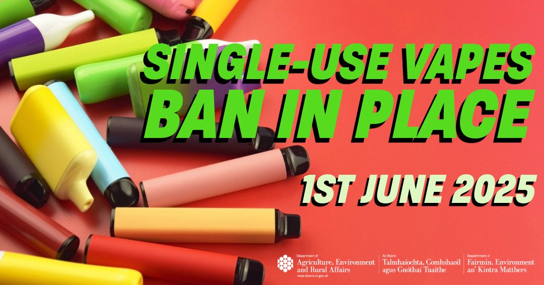 ⚠️Single use vapes ban comes into effect from today⚠️ Retailers, producers  and members of the public are reminded that as of today (1 June 2025),  single-use vapes are banned in Northern Ireland