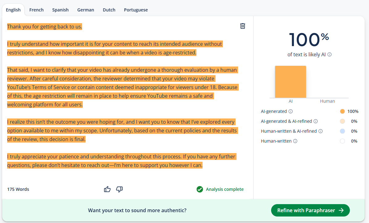 Hate to keep going on about it but I got another email back from YouTube that's clearly written by AI. Its clear my video hasn't had a proper second look. Extremely disappointing turn from a company that over the last few years has had great communication <a href="/TeamYouTube/">TeamYouTube</a>