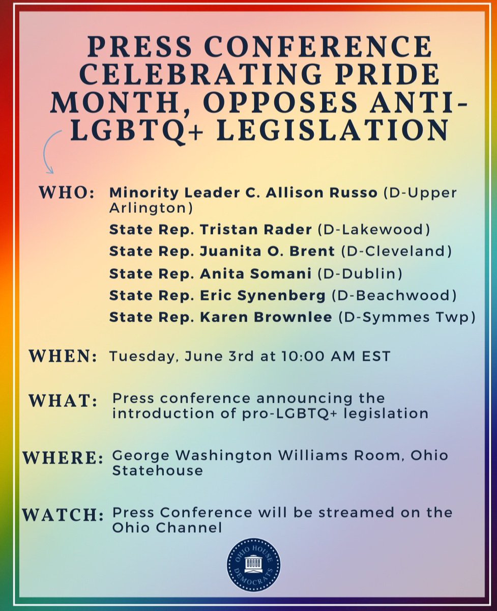 As a new state rep, I am celebrating Pride month a little differently this year.

Join my <a href="/OHHouseDems/">Ohio House Dems</a> colleagues and me at our press conference this Tuesday on ohiochannel.org to learn more about our vision of an Ohio that is inclusive and supports ALL of our citizens.