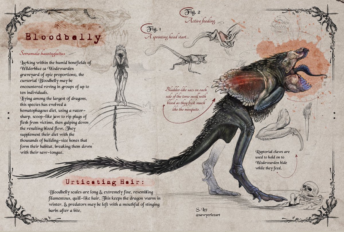 A relative to the Clatterjaw, the Bloodbelly may be a beast just as fierce. In their knotted masses they descend on the largest of beasts, gulping blood from wounds of their making. Thankfully, they must go lethargic after a blood meal, sleeping the day away before hunger calls.