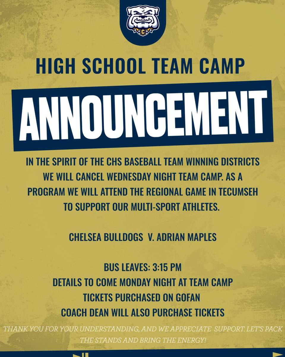 Please Read! This Weds we are changing plans, no Team Camp, but we are taking a Football Field Trip to support the Baseball team. Supporting our multi-sport athletes and friends who play baseball! More details to come Monday at camp.